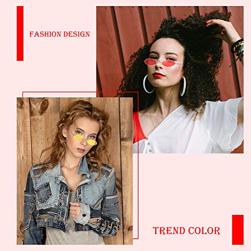 Frienda 2 Pares Gafas de Sol Ovalada Vintage Pequeño Mini Gafas Redondos con Estilo Vintage para Mujer Niña Hombre (Lente Rojo/Amarillo y Marco Dorado)