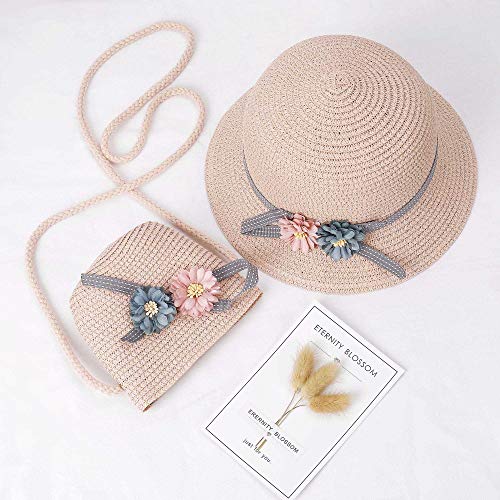 FT-SHOP Sombrero de Paja Niñas Gorra de Sol Chica y Bolsillo Set con Decoracion de Flores Gorro de Playa para Viaje Beach Piscina al Aire Libre