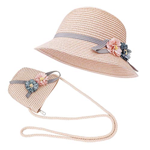 FT-SHOP Sombrero de Paja Niñas Gorra de Sol Chica y Bolsillo Set con Decoracion de Flores Gorro de Playa para Viaje Beach Piscina al Aire Libre