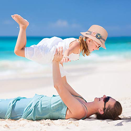 FT-SHOP Sombrero de Paja Niñas Gorra de Sol Chica y Bolsillo Set con Decoracion de Flores Gorro de Playa para Viaje Beach Piscina al Aire Libre