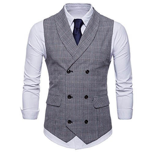 FULIER Chalecos de Vestir para Hombre Delgado Ajuste V Cuello Doble Pecho Negocio Casual Chalecos Formal Boda Traje Chalecos (XXL, Gris)