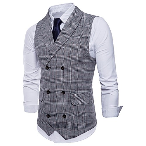 FULIER Chalecos de Vestir para Hombre Delgado Ajuste V Cuello Doble Pecho Negocio Casual Chalecos Formal Boda Traje Chalecos (XXL, Gris)