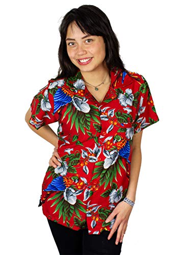 Funky Camisa Blusa Hawaiana, Manga Corta, Cherryparrot, Roja, M