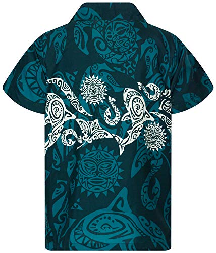 Funky Camisa Hawaiana, Manga Corta, Maori Chest, Verde Petróleo, XL