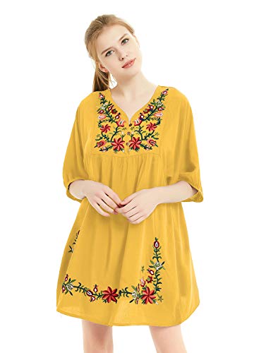 FUTURINO Blusa de estilo bohemio con bordado floral para mujer