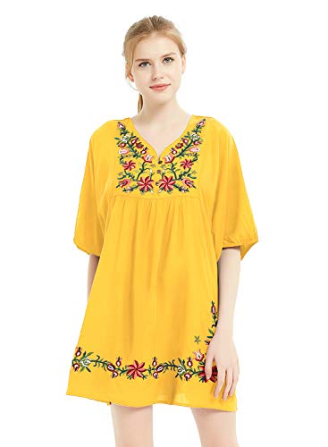 FUTURINO Blusa de estilo bohemio con bordado floral para mujer