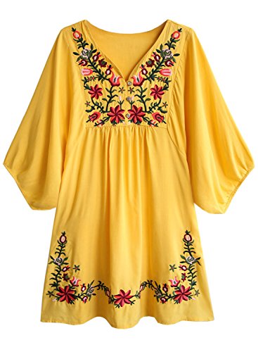 FUTURINO Blusa de estilo bohemio con bordado floral para mujer