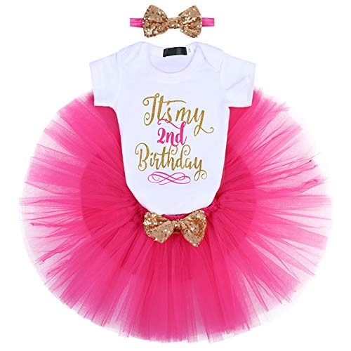 FYMNSI - Conjunto de manga corta para niñas, falda tutú y diadema de fiesta para el primer cumpleaños, celebración, ceremonia, vestido de fotografía, 3 piezas Rose Vif 2ème Anniversaire 2 Años