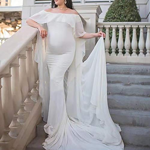 FYMNSI Vestido de maternidad para embarazadas, elegante, con hombros descubiertos, de gasa para mujer, para boda, para sesiones de fotos, ropa premamá Blanco L
