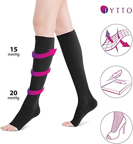 Fytto 2020 I Medias de Compresión Graduada de 15-20mmHg. Sin Puntera, en Microfibra Transpirable. Elegante Calcetería que Rebaja la Hinchazón y Alivia Dolor Venas Varicosas. Negro. Talla S