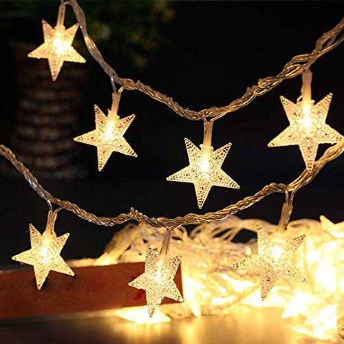 Galaxer Star Luces de Hadas Estrella de la Noche Luz de la Secuencia 20Ft / 6M 40Pcs Monochrom de dos Modos y Brillante Decoración Luz Blanco Cálido AA Alimentado por Batería