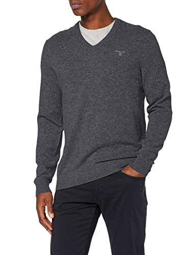 GANT MD. Extrafine Lambswool V-Neck suéter, Gris (Dk Charcoal Melange 97), Large para Hombre