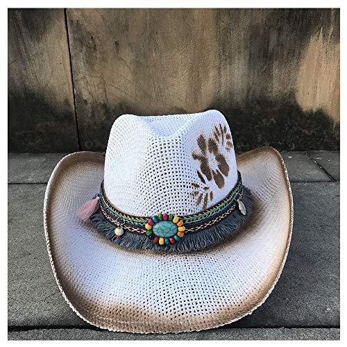 GBY Sombrero de cowboy de paja para mujer, sombreros de jazz, hechos a mano, con banda de borla, paja, Blanco, 56-58cm