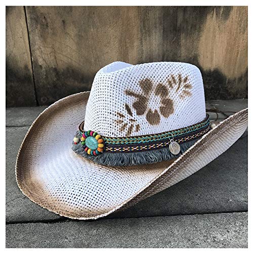 GBY Sombrero de cowboy de paja para mujer, sombreros de jazz, hechos a mano, con banda de borla, paja, Blanco, 56-58cm