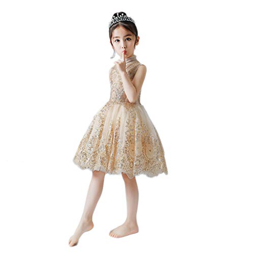 GCX- Traje Pasarela niños Princesa Muchachas del Vestido hinchada de Hilados de Piano Traje del Vestido de Noche de Lentejuelas de cumpleaños Moda (Color : Gold, Size : 110cm)