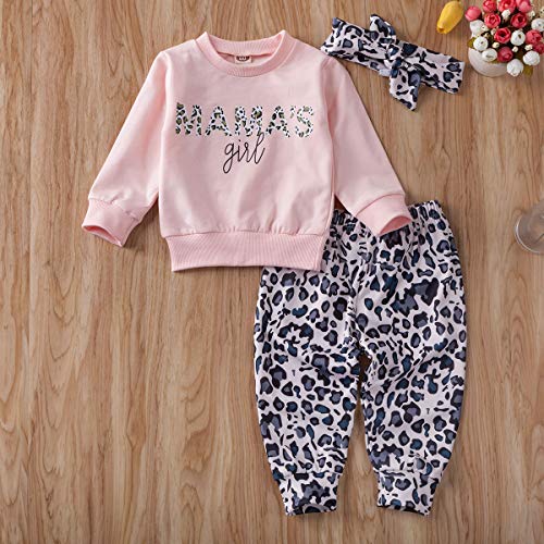 Geagodelia - Conjunto de 3 piezas para bebé niña, sudadera con estampado de leopardo, jersey de manga larga rosa + pantalones de leopardo + diadema de 0 a 24 meses Rosa 18-24 meses