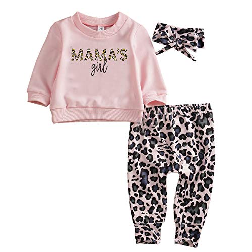 Geagodelia - Conjunto de 3 piezas para bebé niña, sudadera con estampado de leopardo, jersey de manga larga rosa + pantalones de leopardo + diadema de 0 a 24 meses Rosa 18-24 meses