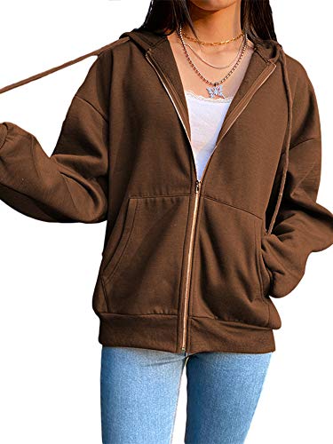 Geagodelia Sudadera con capucha y cremallera de color liso para mujer, abrigo de manga larga con bolsillos, sudadera deportiva para otoño e invierno marrón L