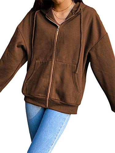 Geagodelia Sudadera con capucha y cremallera de color liso para mujer, abrigo de manga larga con bolsillos, sudadera deportiva para otoño e invierno marrón L