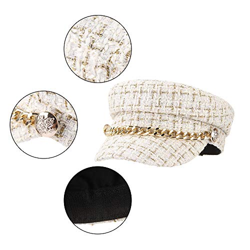 GEMVIE Gorra Pintor Octogonal para Mujer Sombrero Marinero con ala Ancha Elegante Cadena Decorada Fiesta Viaje Circunferencia 56cm Beige