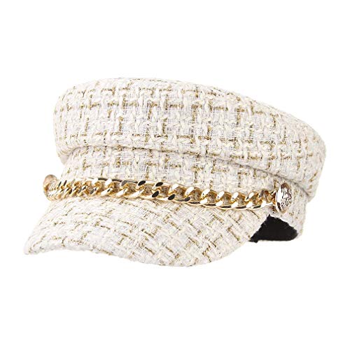 GEMVIE Gorra Pintor Octogonal para Mujer Sombrero Marinero con ala Ancha Elegante Cadena Decorada Fiesta Viaje Circunferencia 56cm Beige