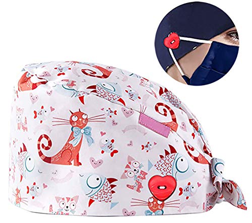 GEMVIE Reutilizable Gorro Enfermera con Botones Pelo Largo Robin Hat para Mujers y Hombres,Dibujos Animados, Flor,Peces, Corbata Ajustable