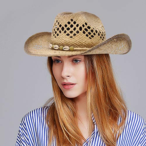 GEMVIE-Sombrero de Paja Vaquero para Verano Decoración de Conchas para Cowboy con ala Ancha Anti-UV para Mujer Vintage