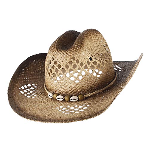 GEMVIE-Sombrero de Paja Vaquero para Verano Decoración de Conchas para Cowboy con ala Ancha Anti-UV para Mujer Vintage