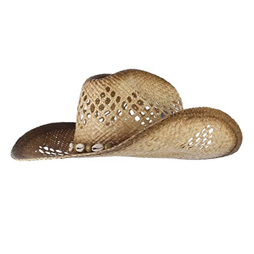 GEMVIE-Sombrero de Paja Vaquero para Verano Decoración de Conchas para Cowboy con ala Ancha Anti-UV para Mujer Vintage