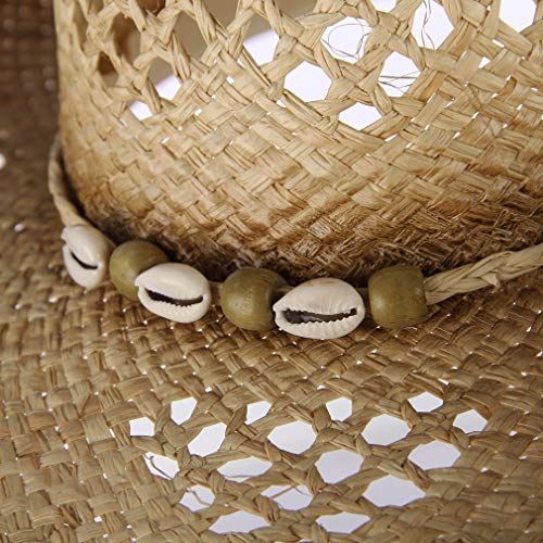 GEMVIE-Sombrero de Paja Vaquero para Verano Decoración de Conchas para Cowboy con ala Ancha Anti-UV para Mujer Vintage