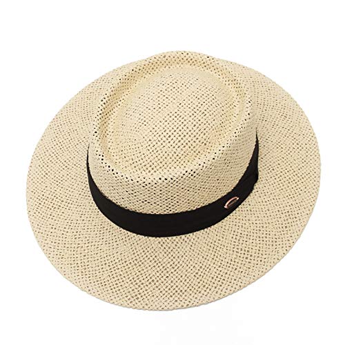 GEMVIE Sombrero Panama de Paja para Playa Hombre ala Ancha Sombrero Fedora Mujer Primavera/Verano Ajustable Caballero