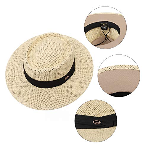 GEMVIE Sombrero Panama de Paja para Playa Hombre ala Ancha Sombrero Fedora Mujer Primavera/Verano Ajustable Caballero
