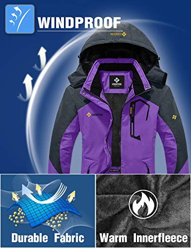 GEMYSE Chaqueta de esquí Impermeable de montaña para Mujer Abrigo de Invierno al Aire Libre de Lana a Prueba de Viento con Capucha (Morado Gris,2XL)