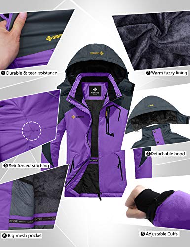 GEMYSE Chaqueta de esquí Impermeable de montaña para Mujer Abrigo de Invierno al Aire Libre de Lana a Prueba de Viento con Capucha (Morado Gris,2XL)