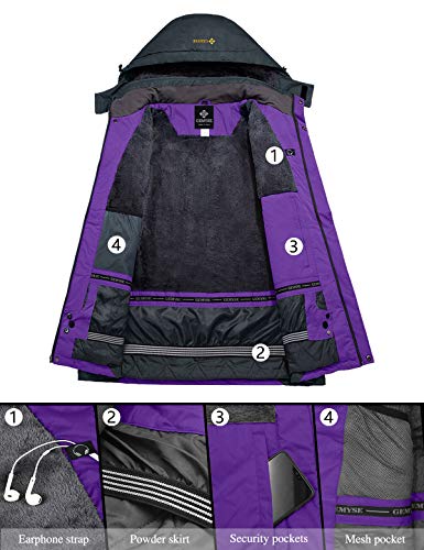 GEMYSE Chaqueta de esquí Impermeable de montaña para Mujer Abrigo de Invierno al Aire Libre de Lana a Prueba de Viento con Capucha (Morado Gris,2XL)