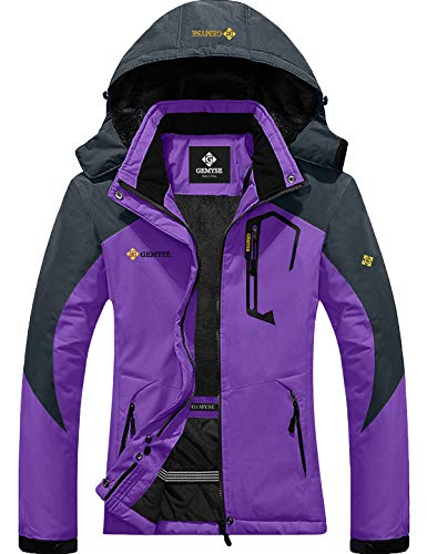 GEMYSE Chaqueta de esquí Impermeable de montaña para Mujer Abrigo de Invierno al Aire Libre de Lana a Prueba de Viento con Capucha (Morado Gris,2XL)