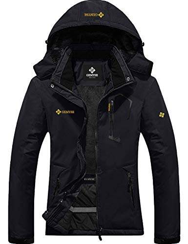 GEMYSE Chaqueta de esquí Impermeable de montaña para Mujer Abrigo de Invierno al Aire Libre de Lana a Prueba de Viento con Capucha (Negro,XL)