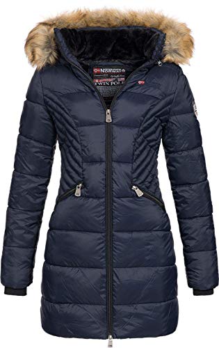 Geographical Norway ABEILLE - Parka grande para mujeres - Abrigo de invierno abrigado - Manga larga y cuello de piel sintética - Chaqueta para mujeres de tela resistente (MARINE L)