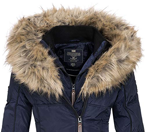 Geographical Norway BEAUTIFUL LADY - Parka cálida mujer - Abrigo grueso capucha de piel falsa - Chaqueta de invierno - Chaqueta larga con forro cálido - Regalo para mujer Moda casual (azul marino XL)