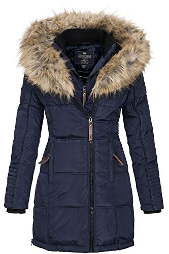 Geographical Norway BEAUTIFUL LADY - Parka cálida mujer - Abrigo grueso capucha de piel falsa - Chaqueta de invierno - Chaqueta larga con forro cálido - Regalo para mujer Moda casual (Azul marino M)