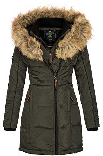 Geographical Norway BEAUTIFUL LADY - Parka cálida mujer - Abrigo grueso con capucha de piel falsa - Chaqueta de invierno - Chaqueta larga con forro cálido - Regalo para mujer Moda casual (caqui M)