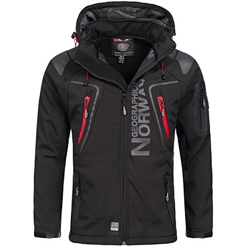 Geographical Norway TECHNO MEN - Chaqueta Softshell Impermeable Para Hombres - Capucha Transpirable Hombre Estilo - Chaqueta Invierno Viento - Actividades Ideales Para Exteriores (NEGRO XXL)