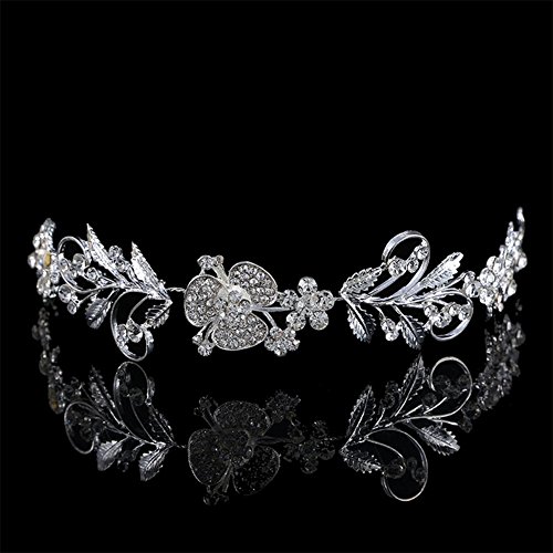 Gespout Diadema Joyería Niñas Boda Novia Banda Pelo Hairband con Brillante Aleación Venda de Mujer Encanto Dama Adornos Fotos Decorativos Estilo Bohemio Pequeña Hojas Ajustable Blanco 30 * 4cm