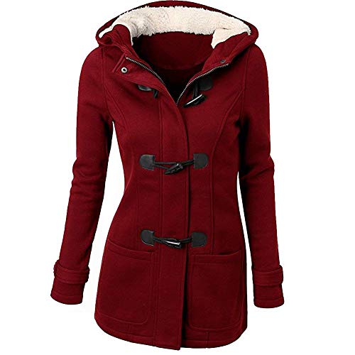 GHYUGR Abrigos con Horn Botones Mujer Invierno Elegantes Slim Chaqueta con Capucha Lana Capa Jacket Sudadera Pullover Outwear Parka,Vino Tinto,M