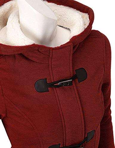 GHYUGR Abrigos con Horn Botones Mujer Invierno Elegantes Slim Chaqueta con Capucha Lana Capa Jacket Sudadera Pullover Outwear Parka,Vino Tinto,M