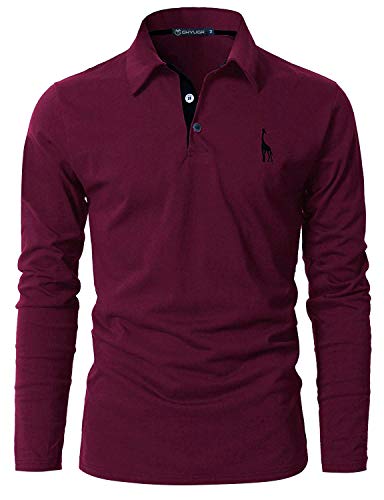 GHYUGR Polo Manga Larga Hombre Algodón Negocios Elegante Bordado de Ciervo Golf Tennis Otoño Invierno Poloshirt Camisas,Rojo Vino, (EU 42)XL