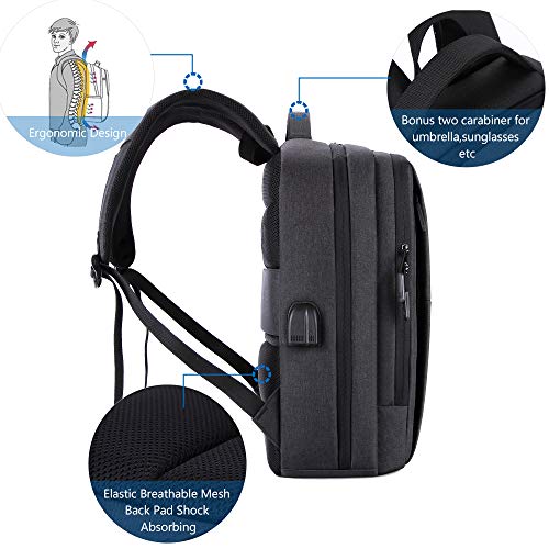 Gimars Mochila Ejecutivo Hombre con USB/Mochila Trabajo Hombre antirrobo con 2 Mosquetones/Mochila Instituto Mujer Grande Muchos Bolsillos Gris Oscuro