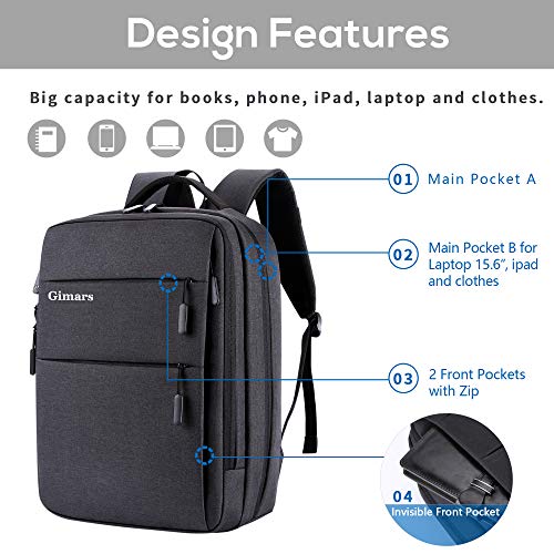 Gimars Mochila Ejecutivo Hombre con USB/Mochila Trabajo Hombre antirrobo con 2 Mosquetones/Mochila Instituto Mujer Grande Muchos Bolsillos Gris Oscuro