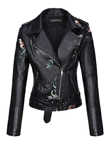 Giolshon Chaqueta Corta de Piel sintética para Mujer, Abrigo Floral Informal de Moto XX-Grande