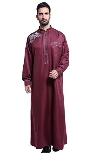 GladThink Hombres Thobe con Mangas largas árabe Desgaste musulmán Vino XXXL